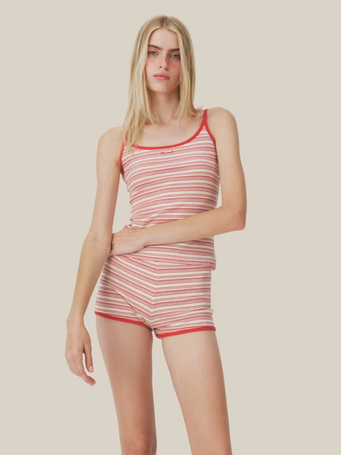 Red Ribbed Cotton Tank Top with Thin Striped Pattern