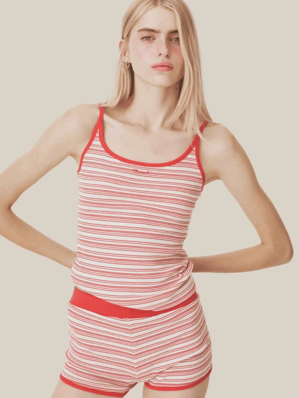 Red Ribbed Cotton Tank Top with Thin Striped Pattern