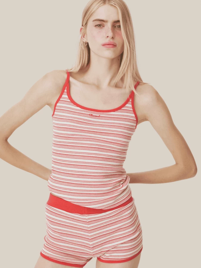 Red Ribbed Cotton Tank Top with Thin Striped Pattern