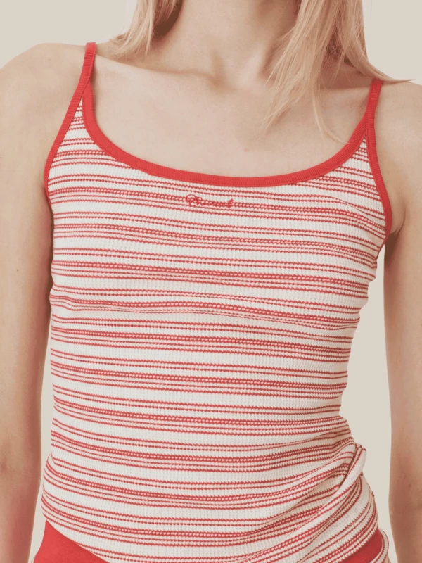 Red Ribbed Cotton Tank Top with Thin Striped Pattern 2