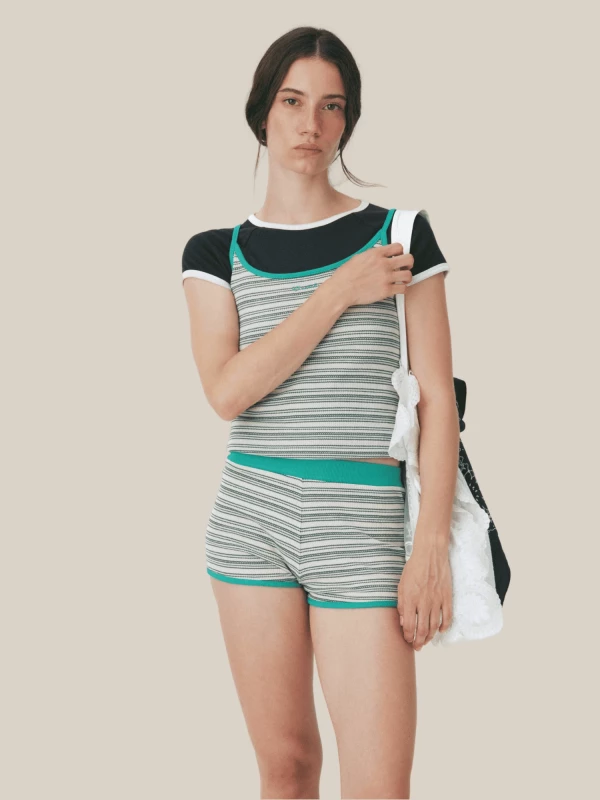 Green Ribbed Cotton Tank Top with Thin Striped Pattern