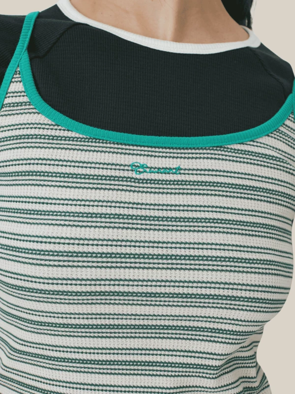 Green Ribbed Cotton Tank Top with Thin Striped Pattern 2