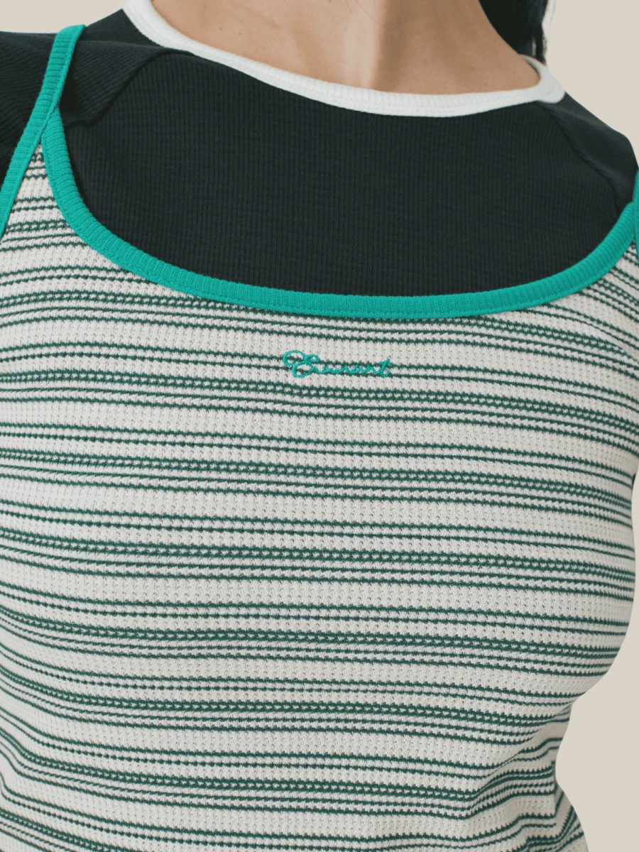Green Ribbed Cotton Tank Top with Thin Striped Pattern