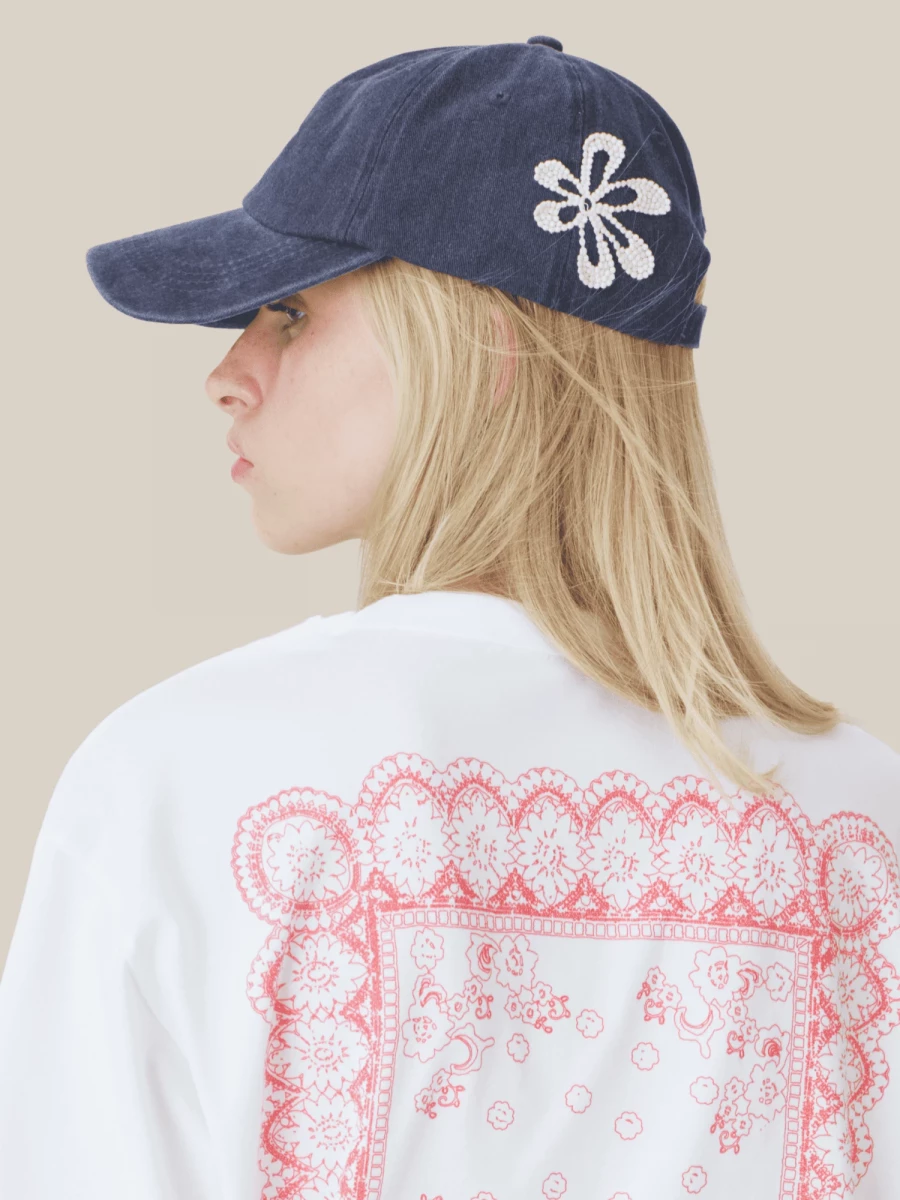 Dark Blue Cotton Cap with Flower Embroidery