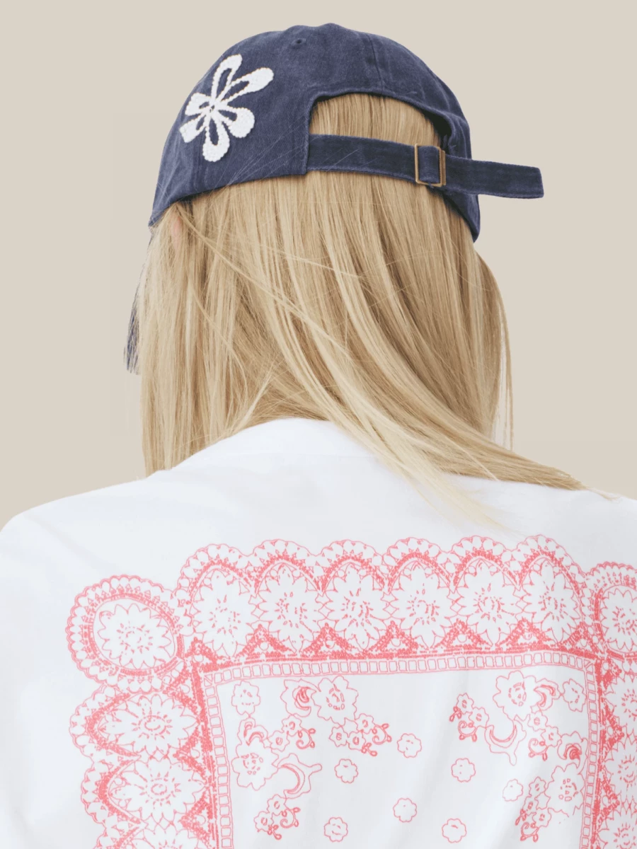 Dark Blue Cotton Cap with Flower Embroidery