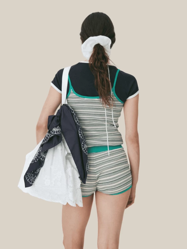 Shorts Verdi a Costine in Cotone elasticizzato con Motivo a righe sottili 2