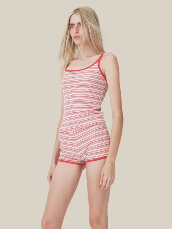 Red Ribbed Stretch Cotton Shorts with Thin Striped Pattern 2